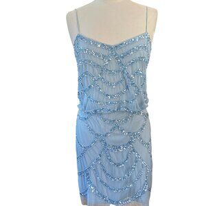 NWT Aidan Mattox Sequin Beaded Blouson Slip Dress Blue Cocktail Hoco Mermaid